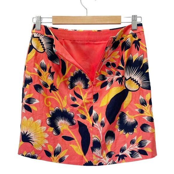J. Crew Linen Postage Stamp Mini Skirt Coral Navy Hibiscus Floral Print Size 0 - Picture 4 of 10